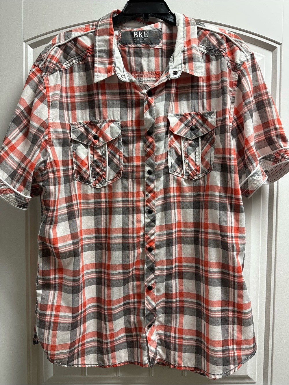 BKE Men’s Short-Sleeve Plaid Button-Down Shirt — Orange, Gray & White